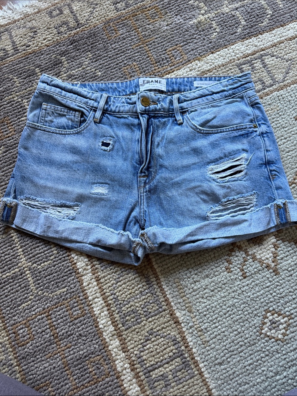 Frame Denim Light Blue Distressed Rolled-Hem Jean Shorts